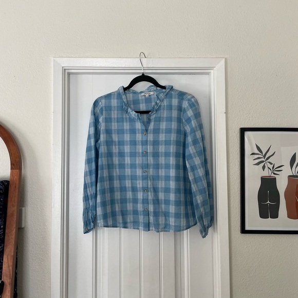 SIZE XS Madewell Ruffle Neck Top Colwell Plaid Blue & White Gingham - Picture 2 of 5